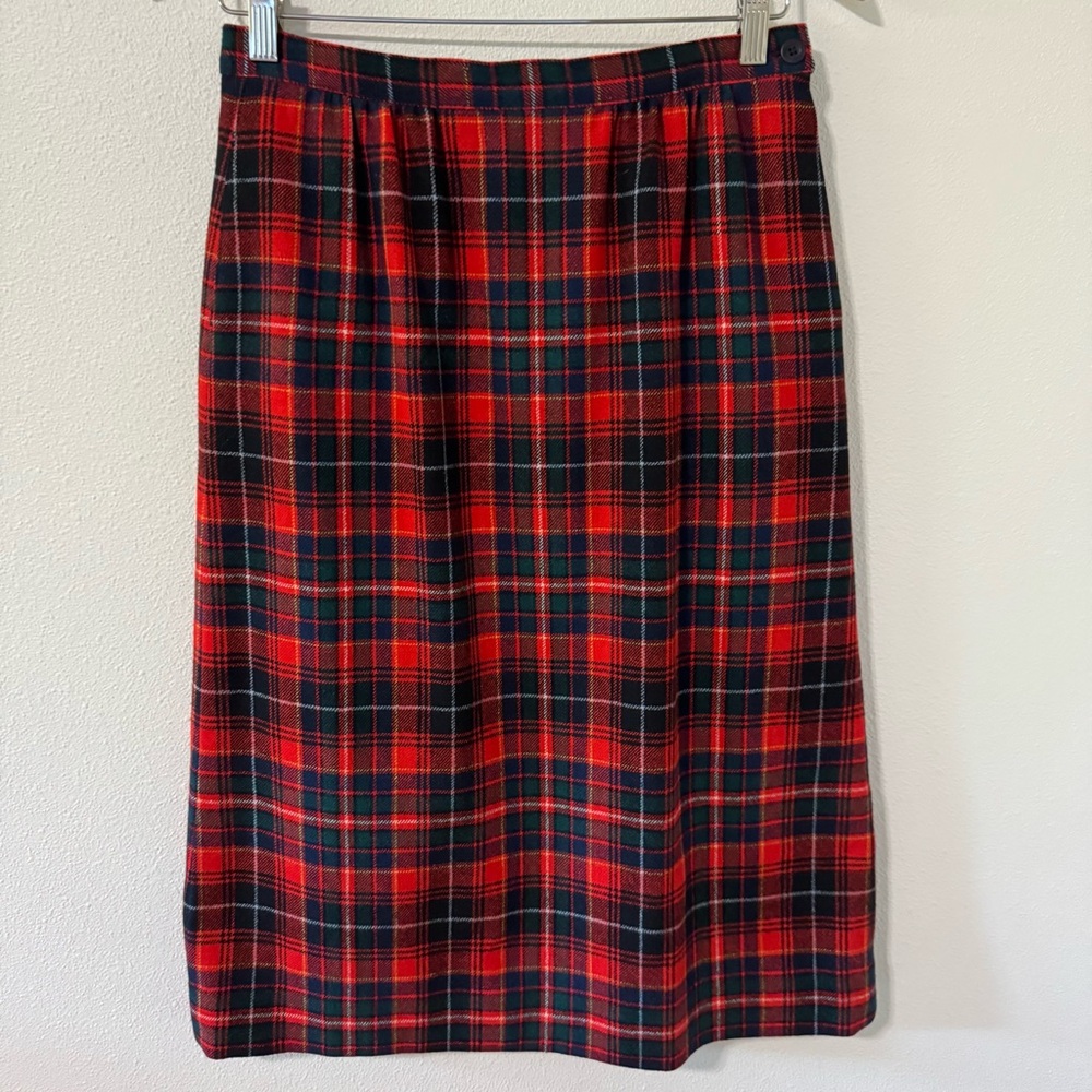 Vintage 70s Pendleton Wool Macinnes Tartan Plaid Knee-Length Pencil Skirt Red-S